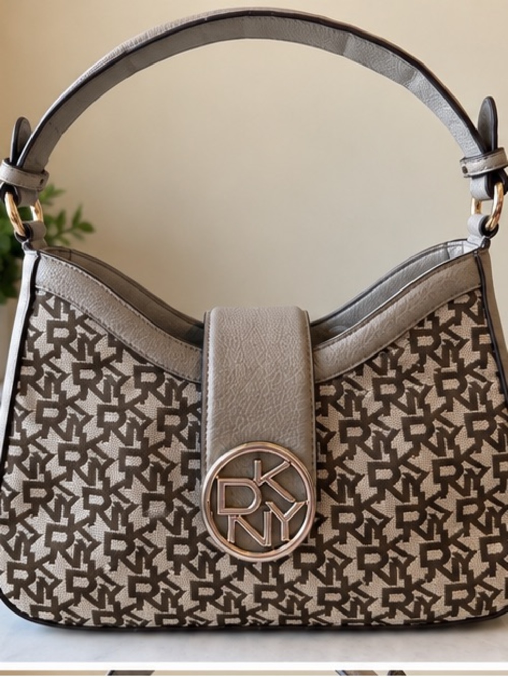 DKNY Taupe Monogram Logo Shoulder Bag